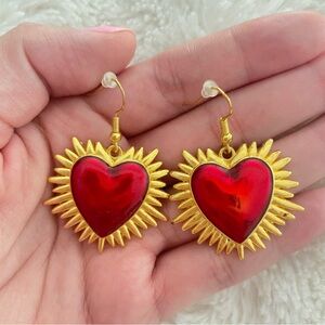 Gold-Tone Sunburst sacred Heart Drop Earrings with Red heart Enamel